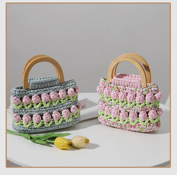 Tulip Flower top Crochet Handbag,Handmade Knit Bag Wood Handles,Crochet tulip bag,crochet tulip basket