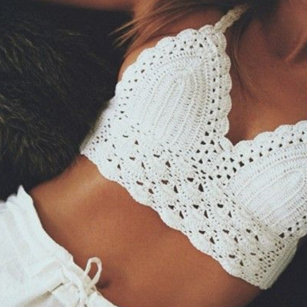 Handmade Boho Bohemian Crochet Crop Top Bikini Top Swimsuit Hippy Casual  White